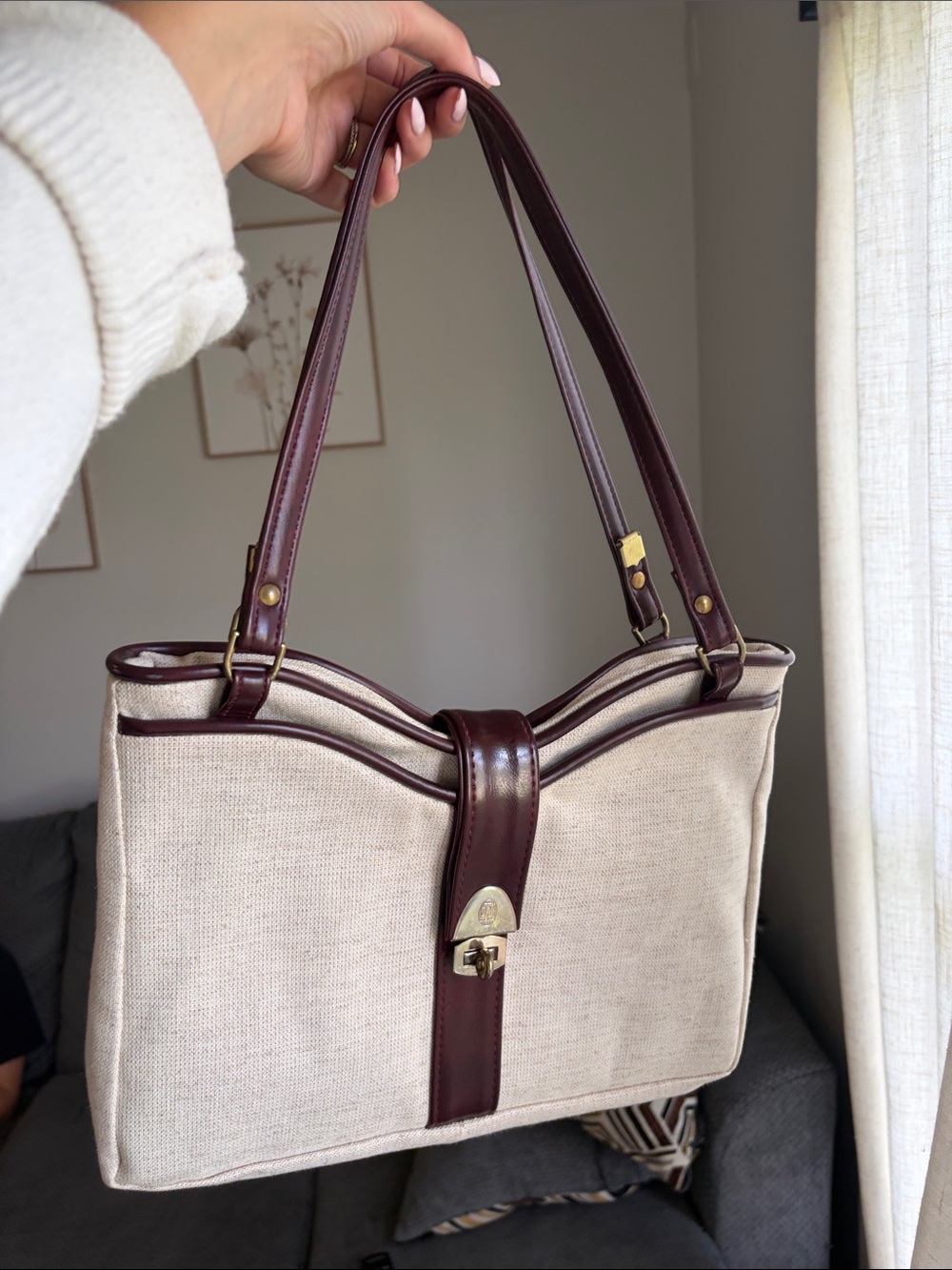 Vintage FS Originals Canvas and Leather Handbag in Cream and Brown/burgundy